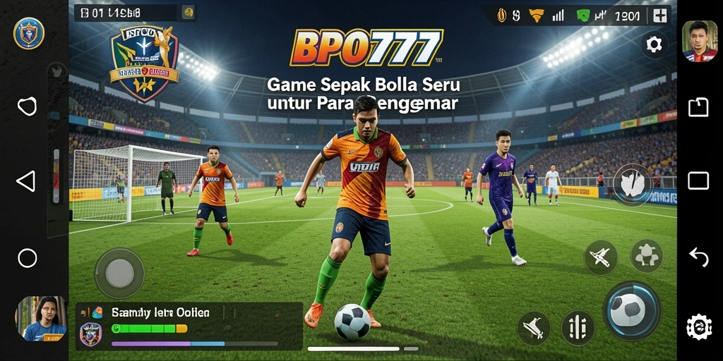 Screenshot utama BPO777 menunjukkan aksi seru di lapangan sepak bola.