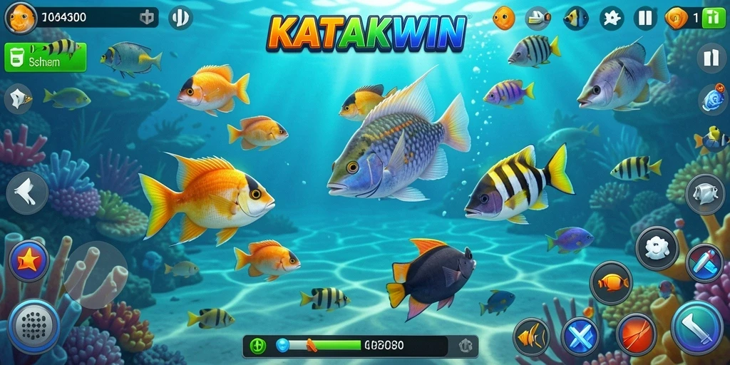 Tangkapan layar permainan KATAKWIN yang menunjukkan aksi menembak ikan.